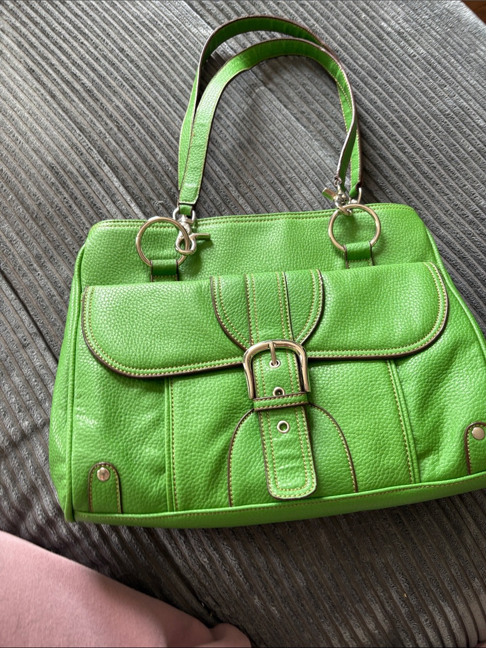 Vibrant Lime Green Pebbled Shoulder Bag with Buckle Detail